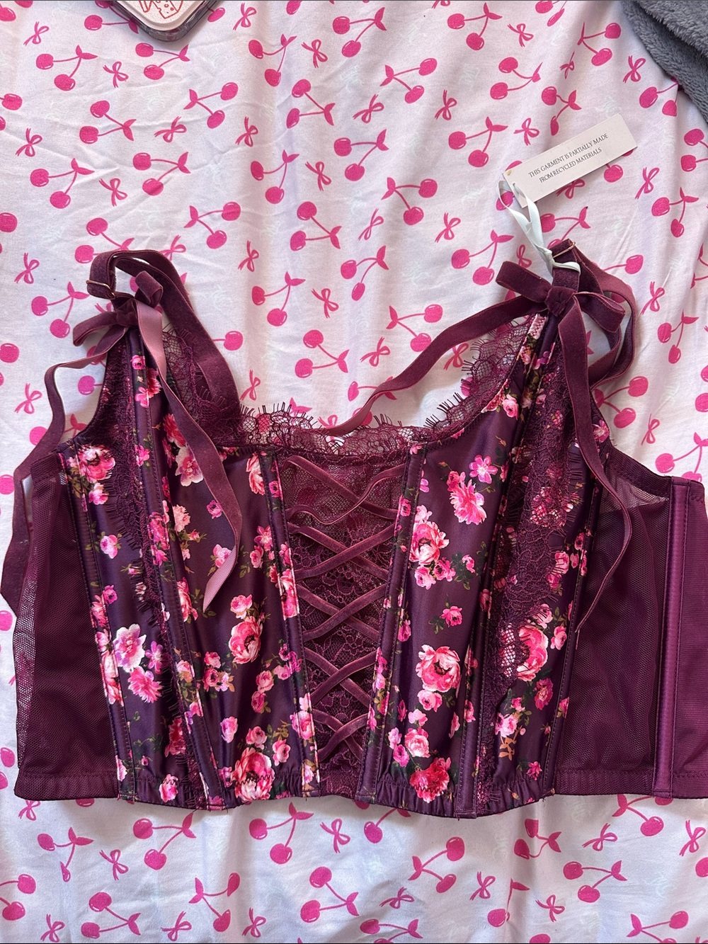 Sony Burgundy Floral Lace-Up Bustier with Pink Accents